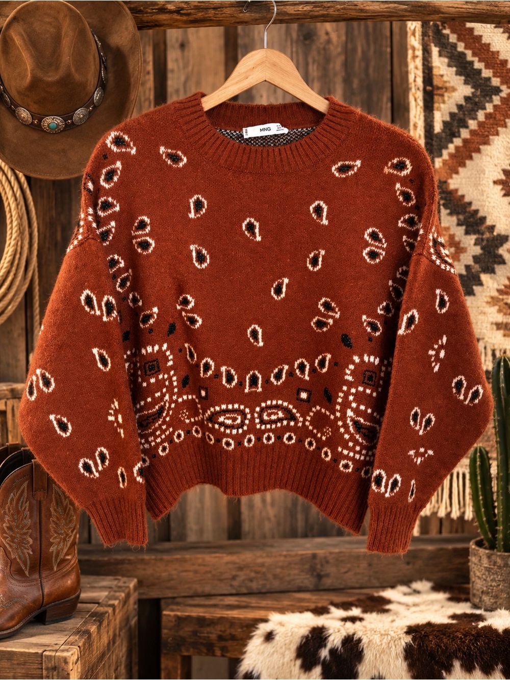 Mango Burnt Orange Bandana-Print Crewneck Sweater